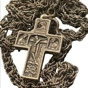 Antique Storybook cross religious bible crucifix silver HEAVY chain necklace